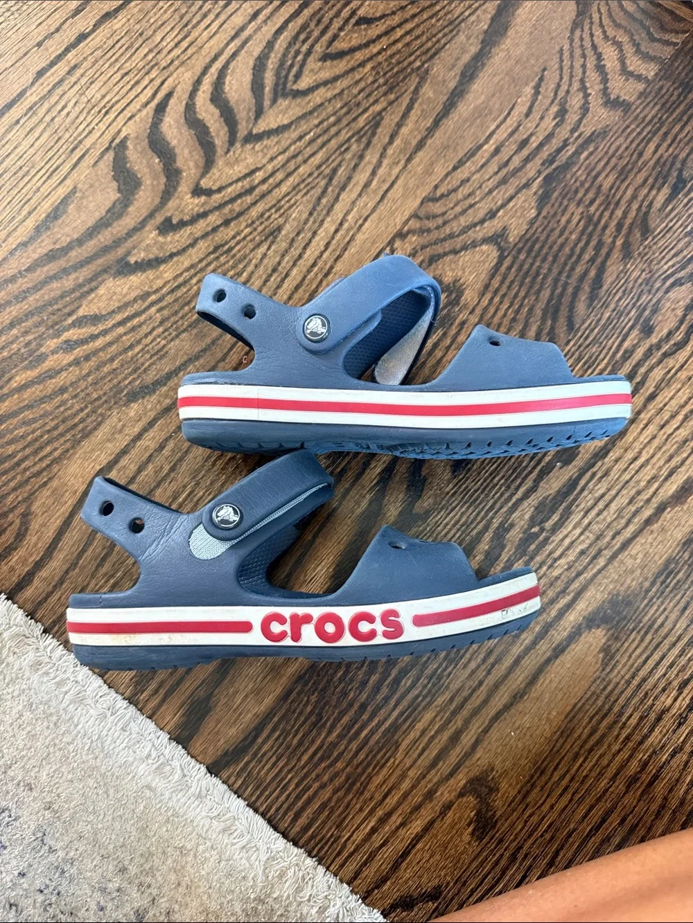CROCS Kids Navy bayaband Sandal with Red and White Trim